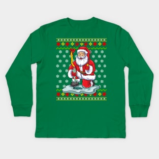 Ice Fishing Santa Claus Fisherman Ugly Christmas Sweater Kids Long Sleeve T-Shirt